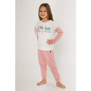 Pijama de bumbac cu imprimeu logo - Alb fildes/Roz pastel imagine