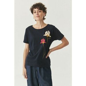 Tricou de bumbac cu decolteu rotund si design floral - Negru imagine
