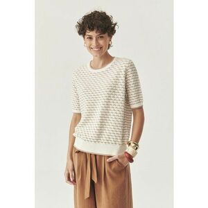 Tricou crosetat cu model in dungi - Alb fildes/Maro imagine