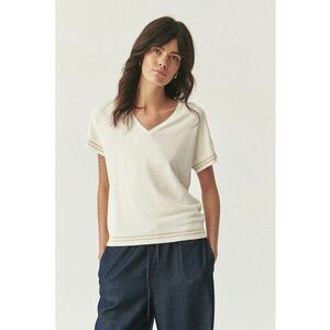 Tricou cu dungi contrastante si decolteu in V - Crem imagine