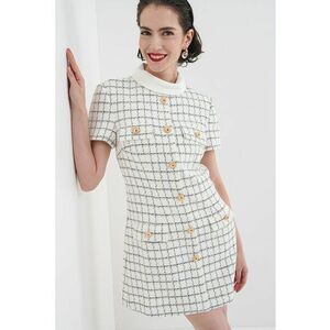 Rochie mini in carouri din amestec de lana cu nasturi decorativi - Negru stins/Crem imagine