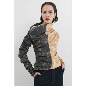 Bluza asimetrica cu model in fronseuri - Portocaliu persan/Gri antracit imagine