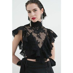 Bluza crop cu volane - maneci scurte si insertii de dantela - Negru/Transparent imagine