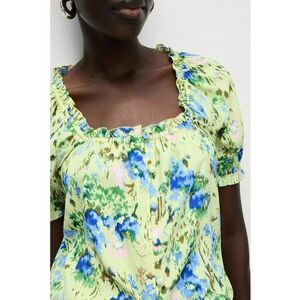 Bluza cu maneci scurte - model floral si decolteu patrat - Verde pal/Albastru imagine