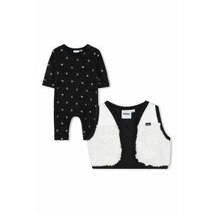 Set de salopeta cu model logo si vesta din material teddy - 2 Piese - Alb/Negru imagine