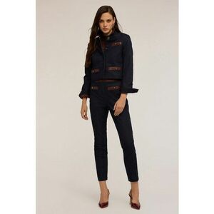 Blugi slim fit crop cu garnituri din piele sintetica - Maro inchis/Albastru inchis imagine