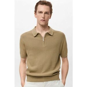 Tricou polo din bumbac cu fermoar scurt - Caramel imagine