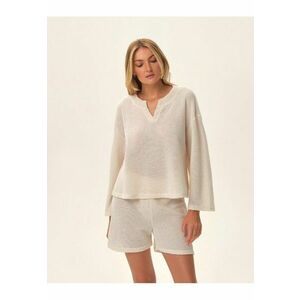 Set trening alb crem - bluza cu maneca lunga si pantaloni scurti cu talie inalta - poliester - imagine
