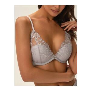 Sutien cu push-up Oleksa - broderie florala - fara sarma - poliamida - gri deschis imagine