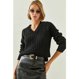 Pulover dama - tricotat texturat - decolteu in V - negru - imagine