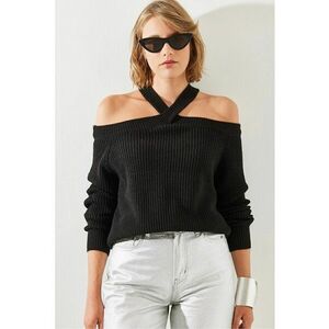 Pulover dama - cu maneca lunga - guler rotund - decupat - negru - tricot - imagine