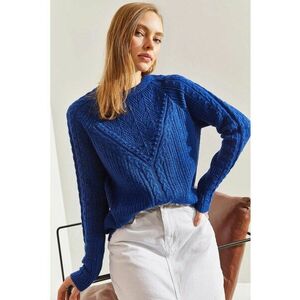 Pulover dama - gros - cu guler rotund - bleumarin - tricot acrilic si poliester - imagine