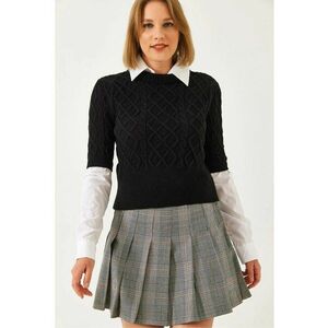 Pulover dama crop tricotat cu guler camasa - negru - material tricot - imagine