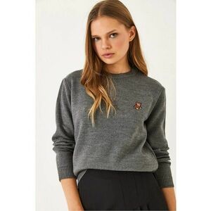 Pulover dama - guler rotund brodat - gri inchis - tricot - imagine