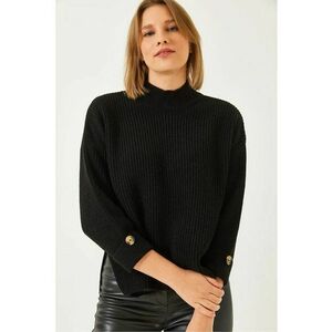 Pulover dama - texturat - guler inalt - inchidere cu nasturi - negru - tricot - imagine