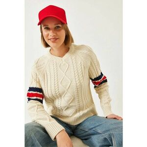 Pulover dama - tricotat cu model - decolteu in V - bej - imagine