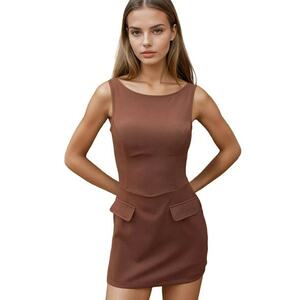Rochie mini mulata cu pantaloni scurti - maro - material textil imagine