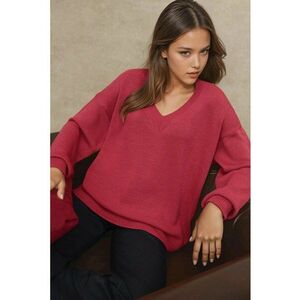Pulover dama - tricotat gros - decolteu in V - rosu - tricot imagine