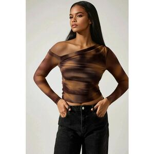 Bluza dama decolteu asimetric - poliester/elastan - maro imagine