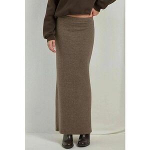 Fusta midi - texturata - cu talie elastica - crapatura pe o parte - maro - tricot imagine