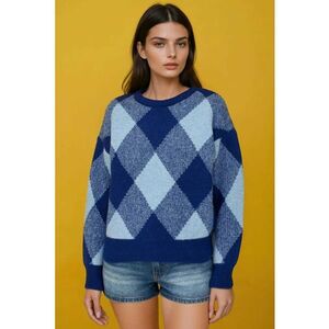 Pulover dama guler rotund - model in romburi - albastru lavanda - tricot - Albastru de albastrele - imagine