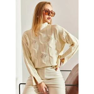 Pulover dama - texturat - guler inalt - alb-galbui - tricot - imagine