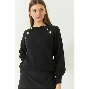 Pulover dama - tricotat - guler rotund - nasturi - negru - imagine