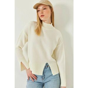 Pulover dama Relaxed Fit - guler inalt - crapatura laterala - bej - tricot - imagine