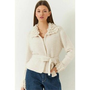 Pulover dama - cardigan cu guler sal - inchidere cu nod - volanase - bej - tricot - imagine