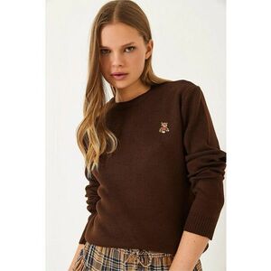 Pulover dama - cu guler rotund - brodat - maro - tricot - imagine