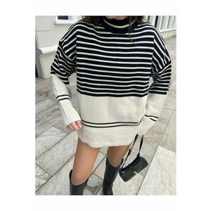 Pulover dama - cu guler rotund - dungi - negru - acrilic - imagine