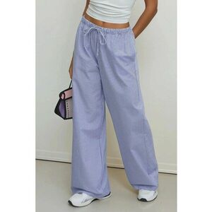 Pantaloni dama - din bumbac cu talie elastica - dungi - albastru imagine