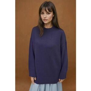 Pulover dama - lung tricotat din material gros - guler rotund - albastru lavanda - tricot imagine