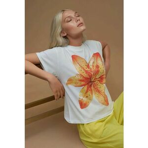 Tricou dama imprimeu - croiala regulata - portocaliu pal - bumbac imagine