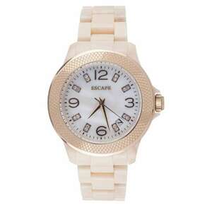 Ceas dama 40 mm - curea plastic bej - carcasa aurie - cadran alb - rezistenta la apa 5 ATM imagine