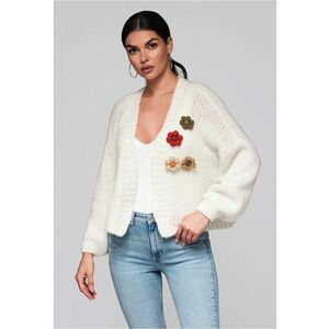 Cardigan tricotat cu flori aplicate - Crem imagine