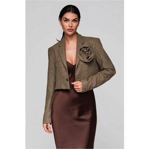 Sacou scurt elegant cu floare cusuta LW-BLZB-0100 - Bej inchis imagine