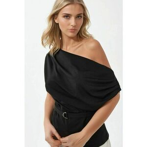 Top dama - cu guler sal si curea - negru - jerseu imagine
