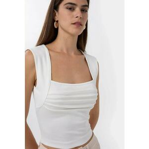 Bluza dama - decolteu patrat - pliuri - alb - poliester imagine