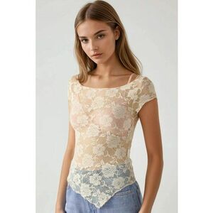Top scurt dama - dantela florala - slim fit - bej - jerseu imagine
