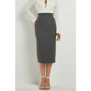 Fusta midi dama - talie inalta - croiala dreapta - textil - gri imagine