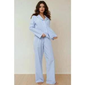 Set pijamale bumbac cu dungi - albastru - maneci lungi - guler clasic imagine