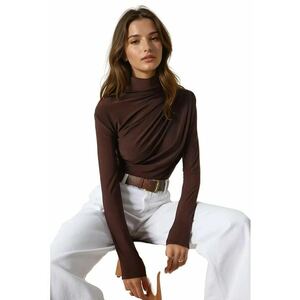 Bluza dama - guler inalt - detaliu drapat - maro - poliester imagine