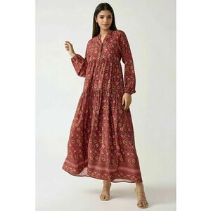 Rochie maxi - imprimeu - decolteu in V - rosu - textil imagine