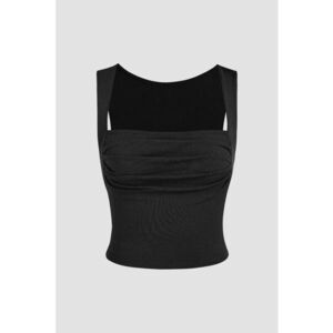 Bluza dama - cu decolteu patrat si pliuri - negru - poliester imagine