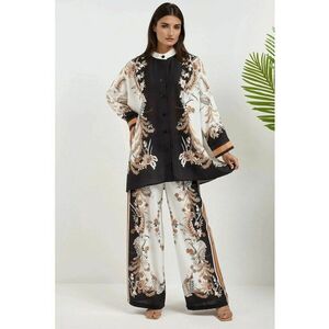 Set coordonat doua piese - guler floral - talie inalta - negru - textil imagine