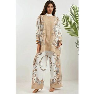 Set coordonat - doua piese - guler floral - talie inalta - bej - textil imagine