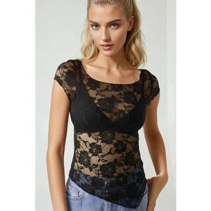 Top scurt - dantela florala - negru - jerseu imagine