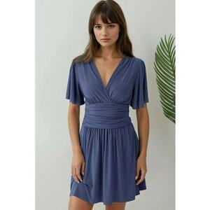 Rochie mini - maneca scurta - decolteu in V - albastru - jerseu imagine
