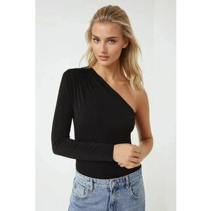 Bluza dama - Body cu guler asimetric ajustat - Negru - Jerseu imagine
